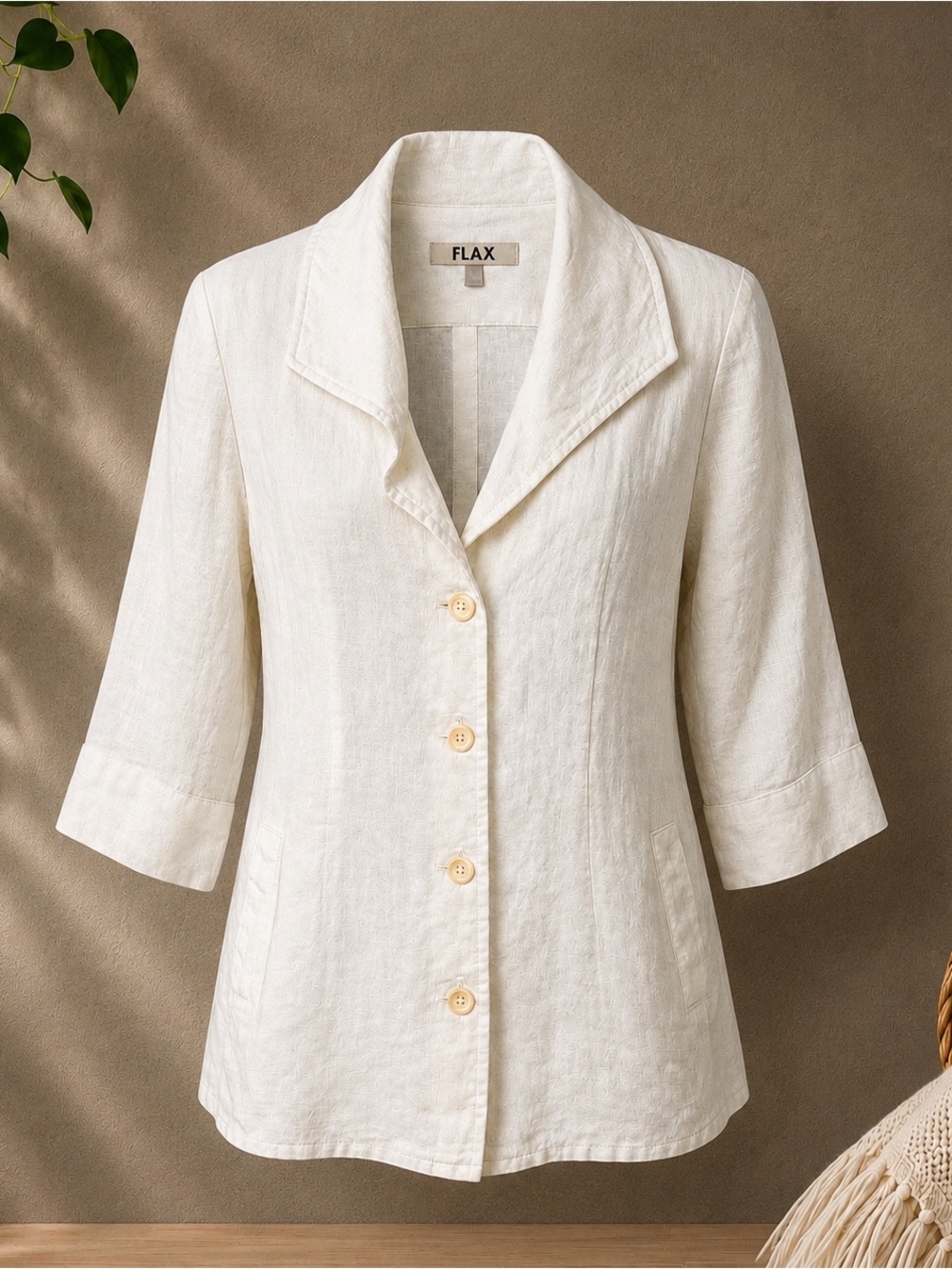 Flax Cream/Ivory Textured Button-Front Jacket Size Small